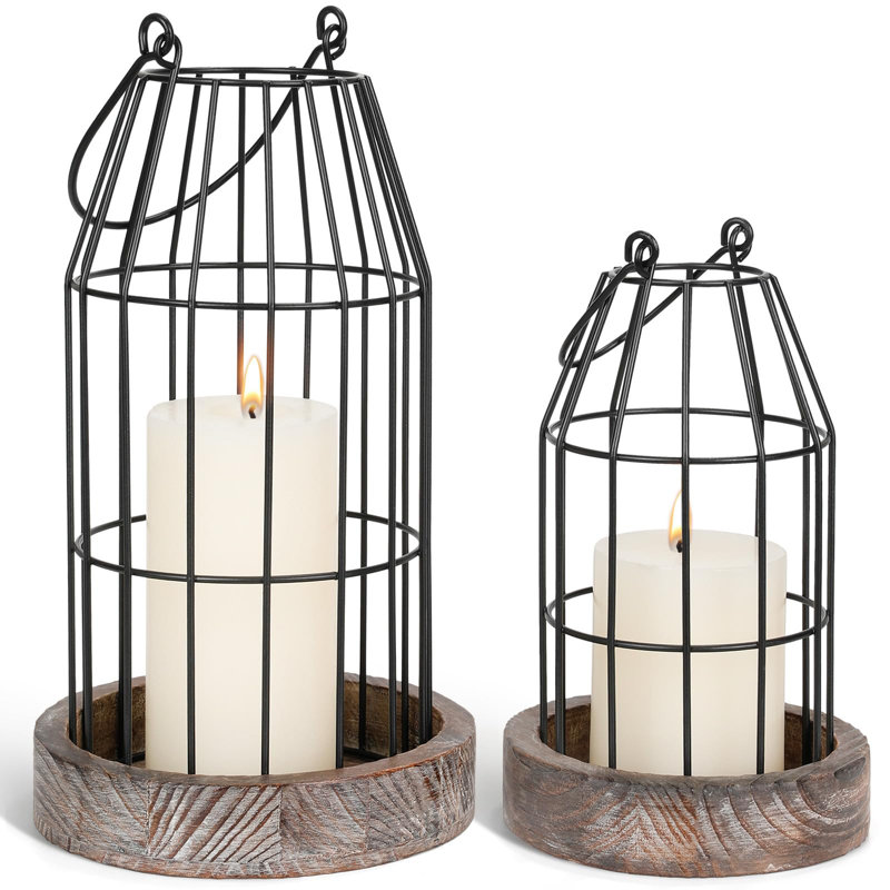 Paquet de 2 porte-bougies campagnard en fil métallique, lanternes de style rétro avec base en bois patiné, décoration de manteau de table rustique pour l'intérieur et l'extérieur, brun