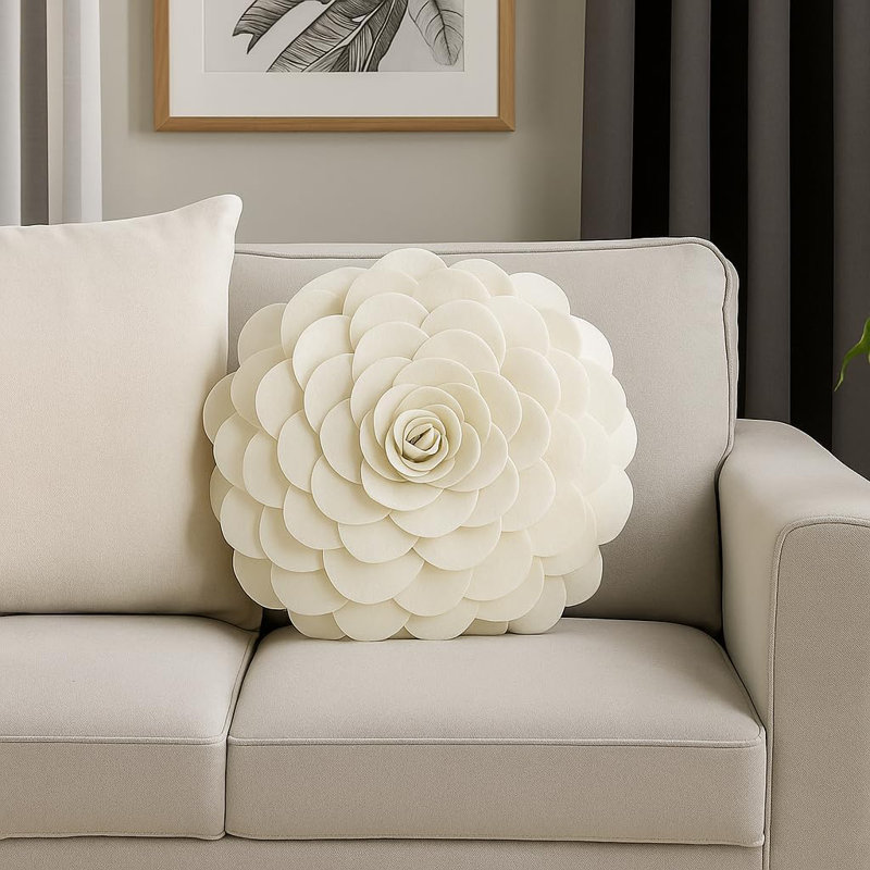  Polyester Throw Flower Pillow Cover, Pillow Cover Only - No Insert, 16" x 16", Ivory