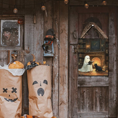 Adorable enseigne en bois d'Halloween - plaque de porte fantôme et chat noir pour décor de maison de campagne, foyer et maison