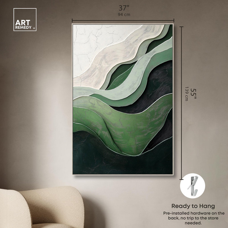 «Green Echoes I», art abstrait vert, H 55 po x l 37 po, Cadre argenté