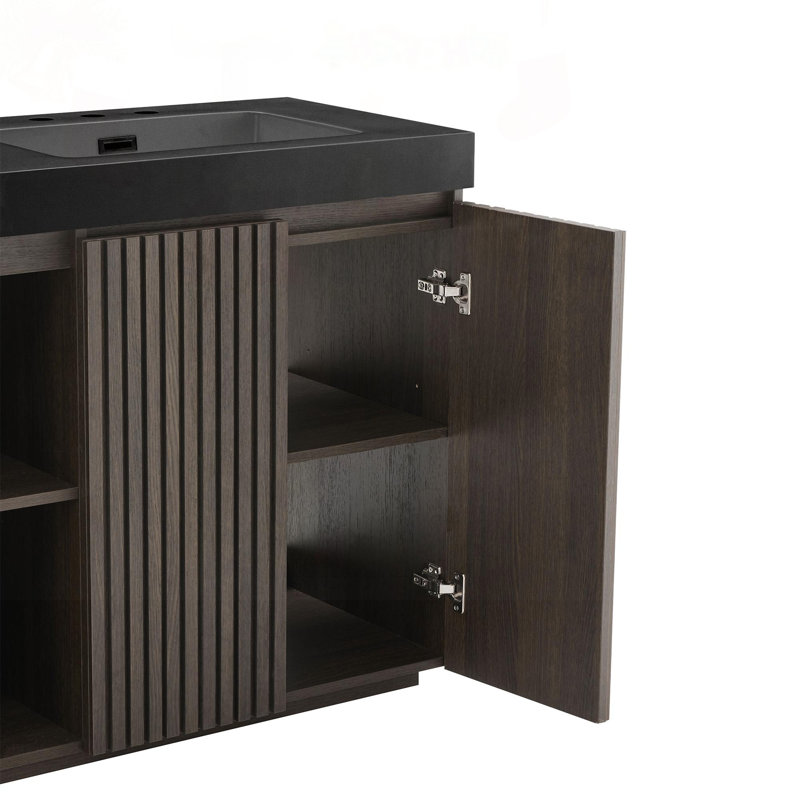 Meuble-lavabo 60 po en chêne fumé avec lavabo et rangement intelligent, Smoked Oak, Black