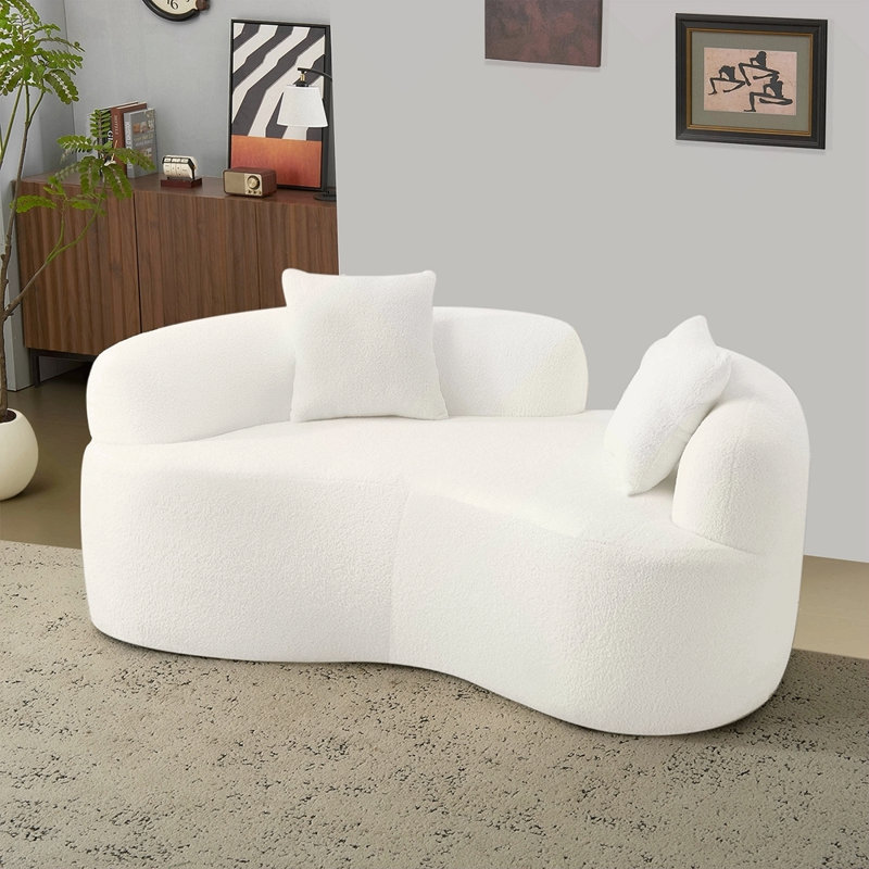 66.93 Inch Curved Loveseat White Full Compression Sponge Sofa, Teddy Velvet Fabric, No-Assembly Compact Sofa For Small Spaces & Apartments, 350 Lbs Capacity