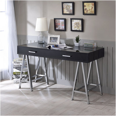 2 Drawers Writing Desk With Metal Base, Black High Gloss And Chrome