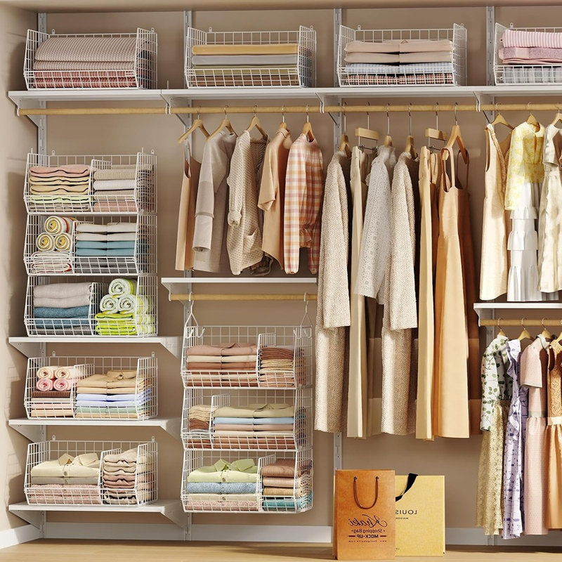 Organisateur de garde-robe à 3 niveaux avec séparateurs, crochets et tablettes pour vêtements, chaussures, sacs à main et accessoires