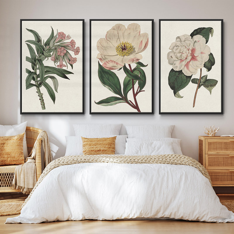 «Pink Floral Mix VI», ensemble de 3 cadres flottants sur toile, Noir, H 40 po x l 78 po