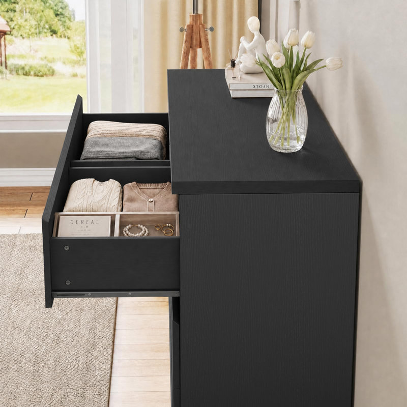Commode 6 tiroirs pour chambre à coucher, commode moderne, noir