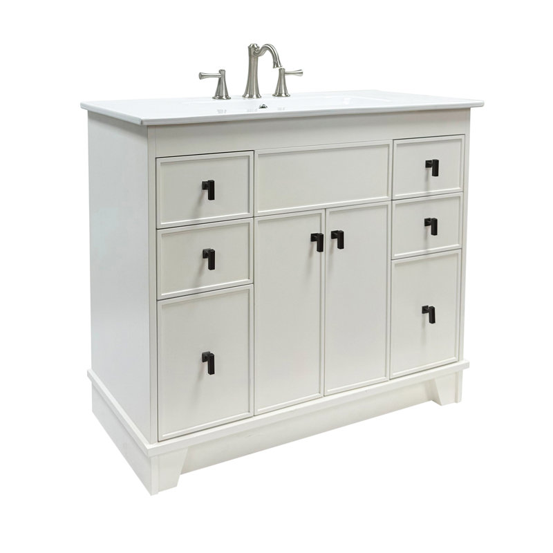 Meuble-lavabo simple 40 po - Finition blanche avec comptoir en céramique blanche, Blanc, Noir mat