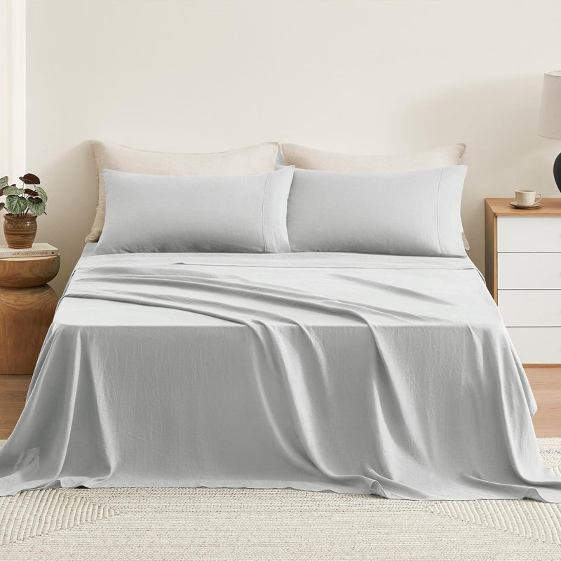TOSMO 100% Linen Sheet Set, Light Grey, Twin
