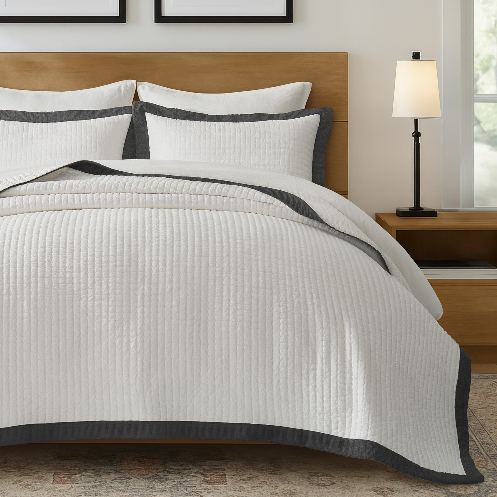 Border Frame Cotton Pick-Stitch Channel Quilt, Washed Black, King Quilt + 2 King Shams