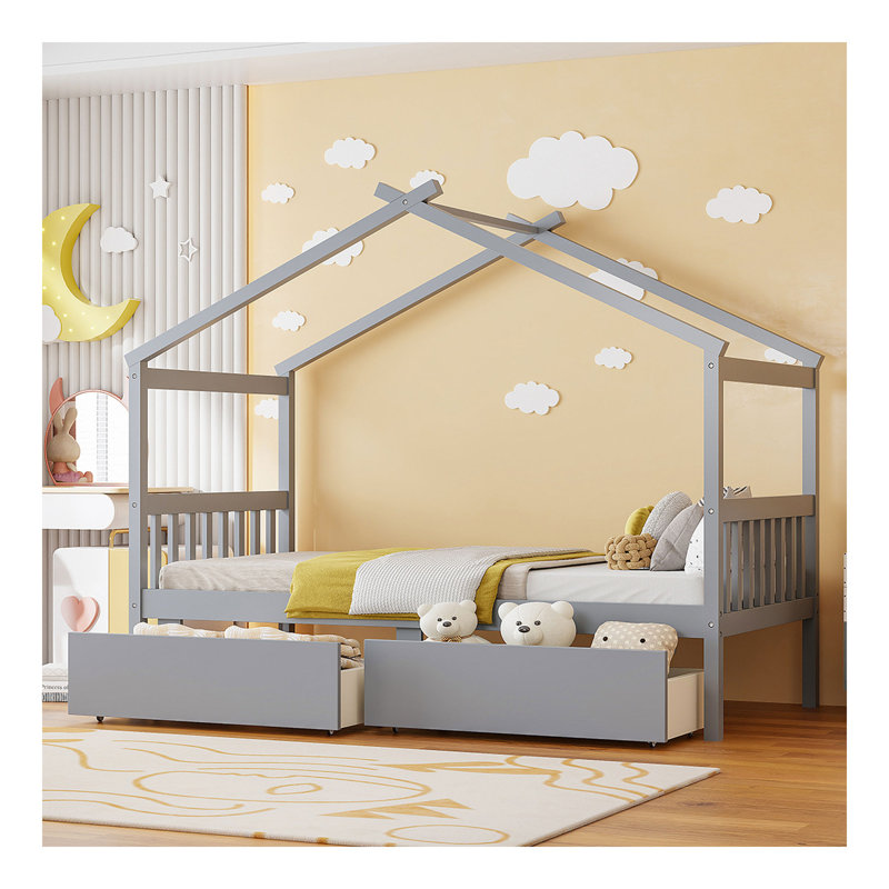 Lit simple en bois avec tiroirs, gris, Gris