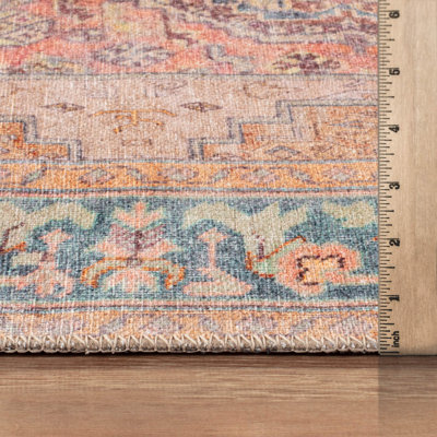 Tapis lavable à la machine à motif de médaillon rouille Valora avec envers antidérapant