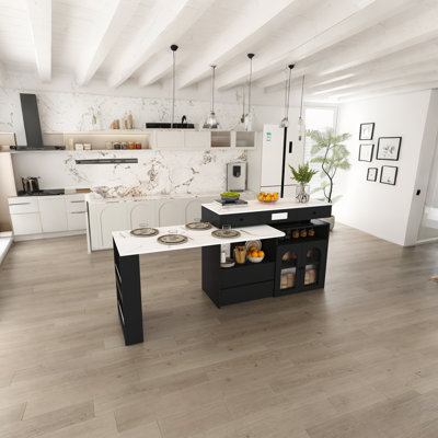 Adjustable Kitchen Island Cart with Seating for 2-4 | Rotating Countertop, Storage Drawers, Glass Display Cabinet & Sockets | Modern Freestanding Breakfast Bar