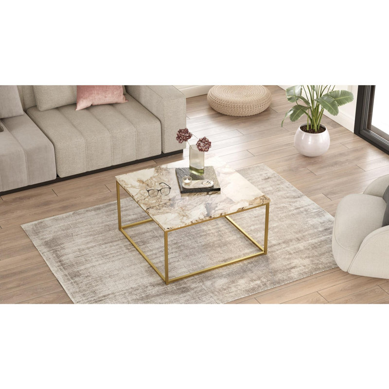 Elegant Coffee Table with Marble Finish, White & Gold, 28.3 x 15.7 x 28.3 inches | 100% Melamine Coated Particle Board, Thickness: 0.7 inches | Stylish Centerpiece for Living Room, Durable & Easy to Clean