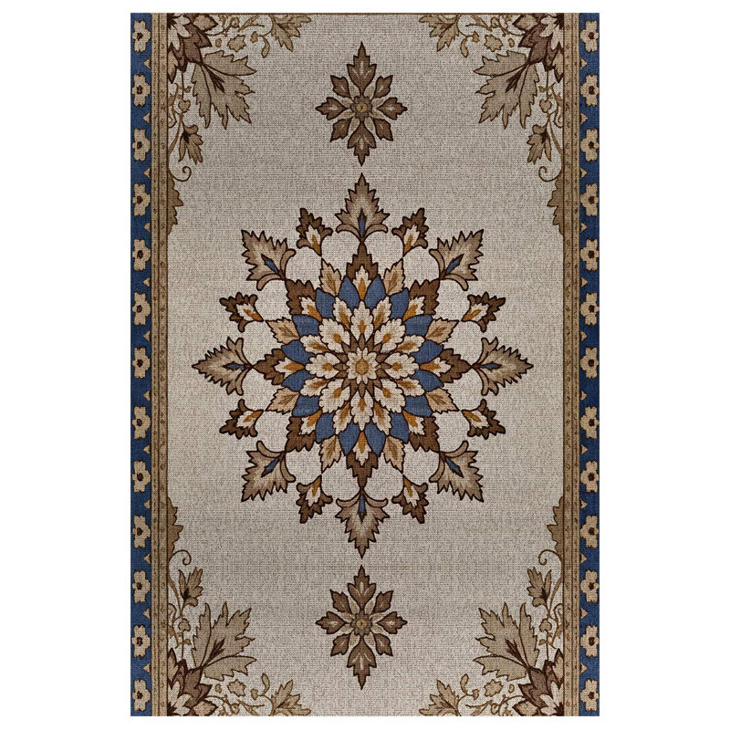 Madeline Collection Digital Print Cotton-Polyester Blue Beige Moroccan Rug, Round 3'4"