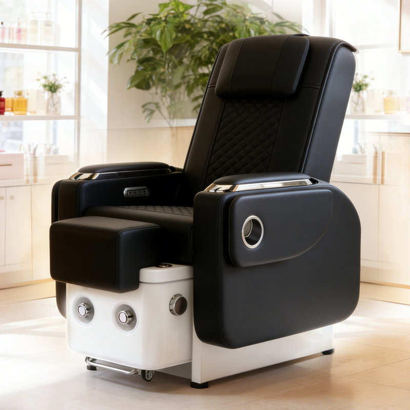 Fauteuil de barbier avec massage du dossier, fauteuil de massage inclinable avec baignoire à pieds coulissante, Noir