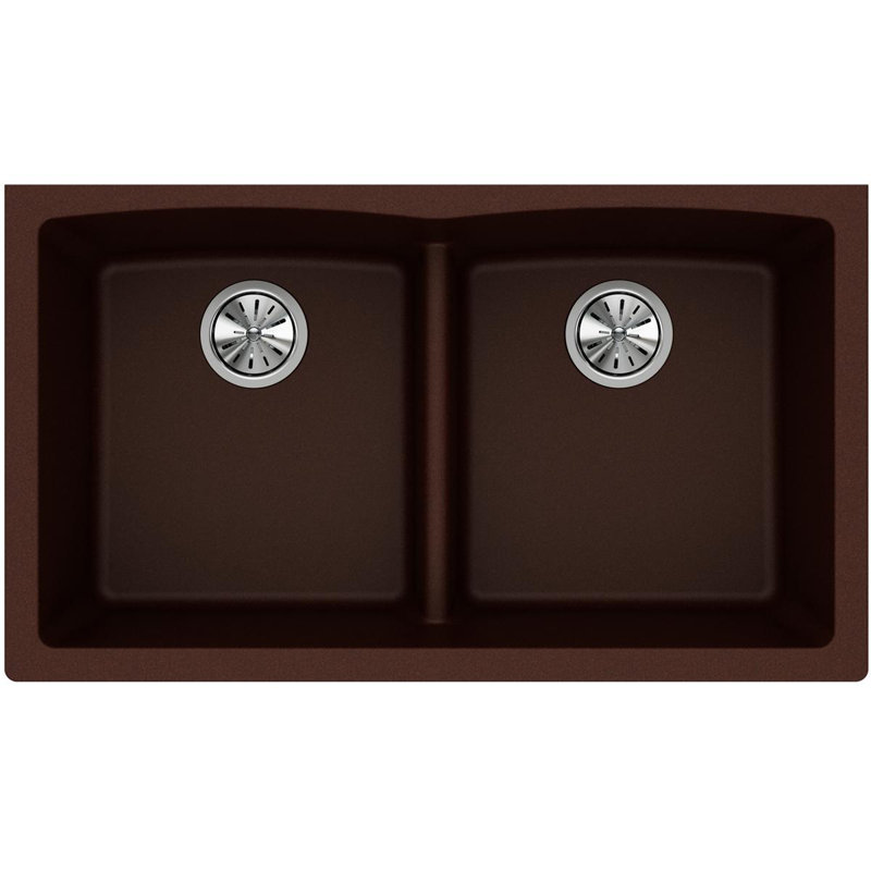 Quartz Classic 33" x 19" x 10" Double Basin Undermount Kitchen Sink with Aqua Divide, Pecan