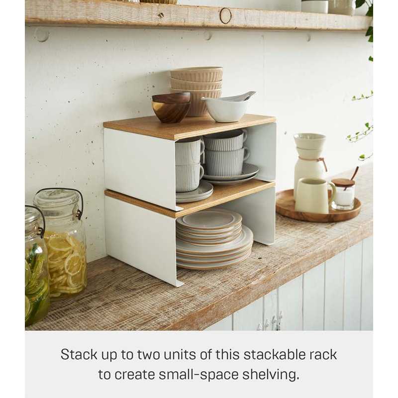 Modern Stackable Kitchen Organizer With Wooden Top - Sturdy Steel Frame Counter Shelf For Stylish Home Storage