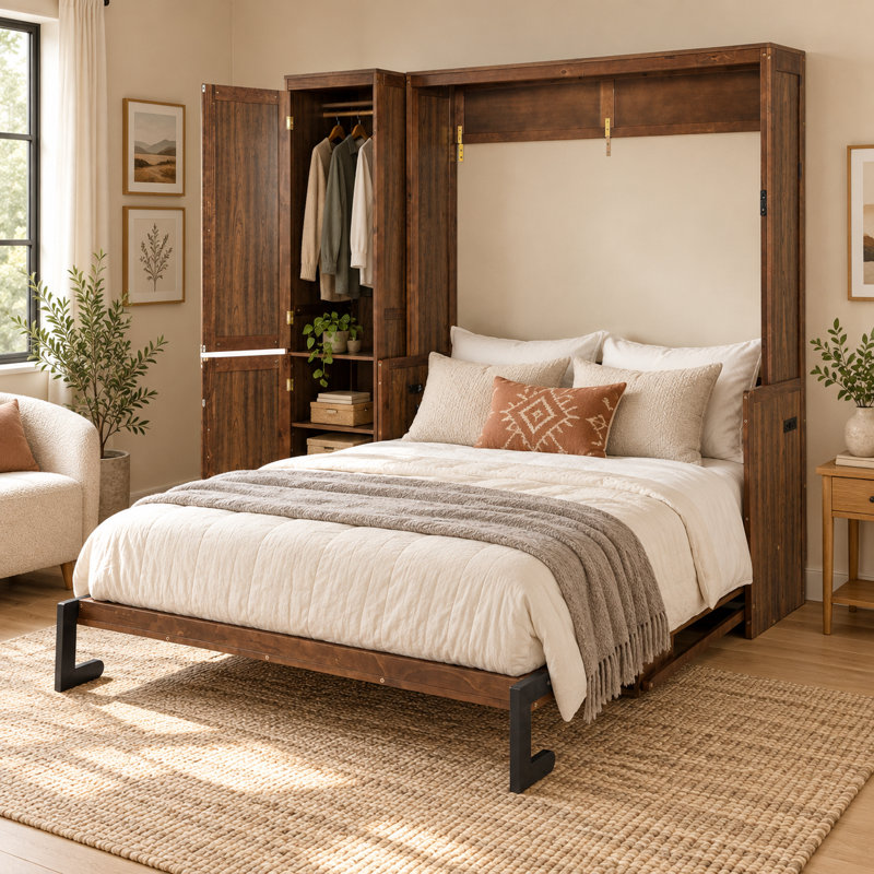 Lit escamotable Foldavere Queen en bois de noyer avec armoire réversible, lit mural pliable avec tablette de bureau de 160 cm, 2 prises de courant et 2 ports USB, vérins à gaz de 1000 N, capacité de charge de 227 kg