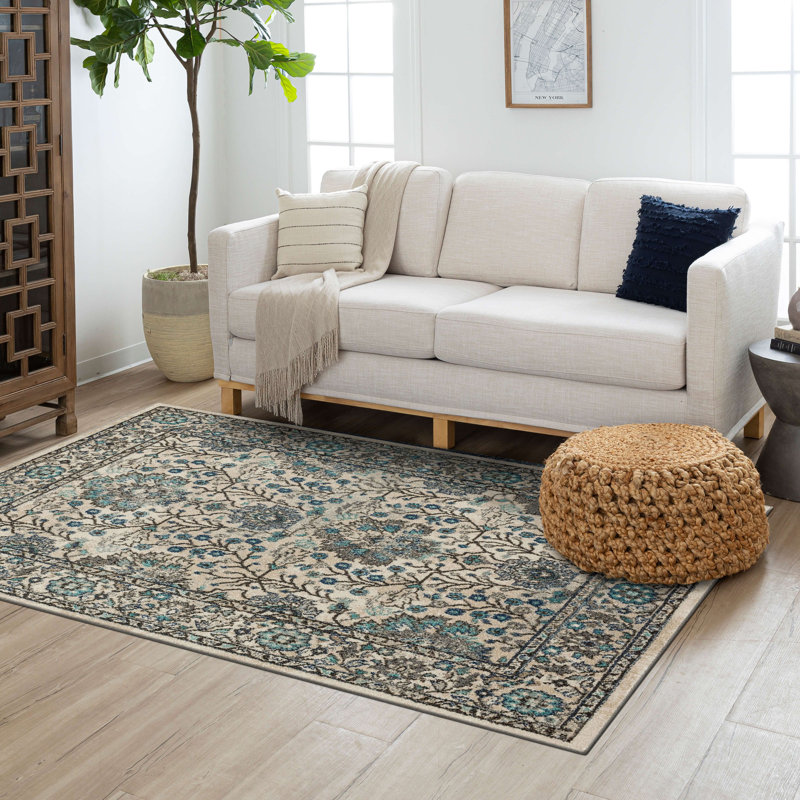 Barwick Polypropylene Floral Blue Woven Area Rug, Rectangle 5'3" x 8'