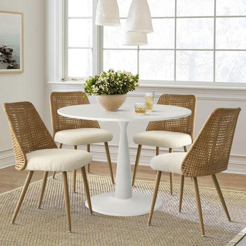 35" W Round 4-Person Dining Set with Boucle Chairs 
