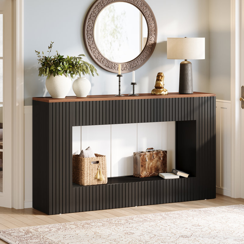 Modern Console Table, 55 Inch Wood Entryway Table With Storage, Espresso, Black