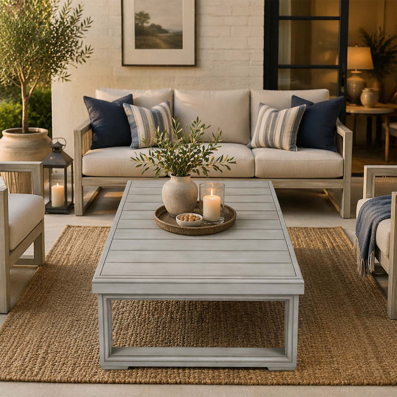 Table basse rustique en bois avec lattes et pieds de traîneau pour les rassemblements extérieurs, Gris clair