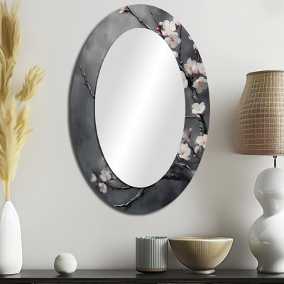 Cerisier en fleurs blanc sur 20 nuances de gris - Miroir décoratif floral ovale sur métal