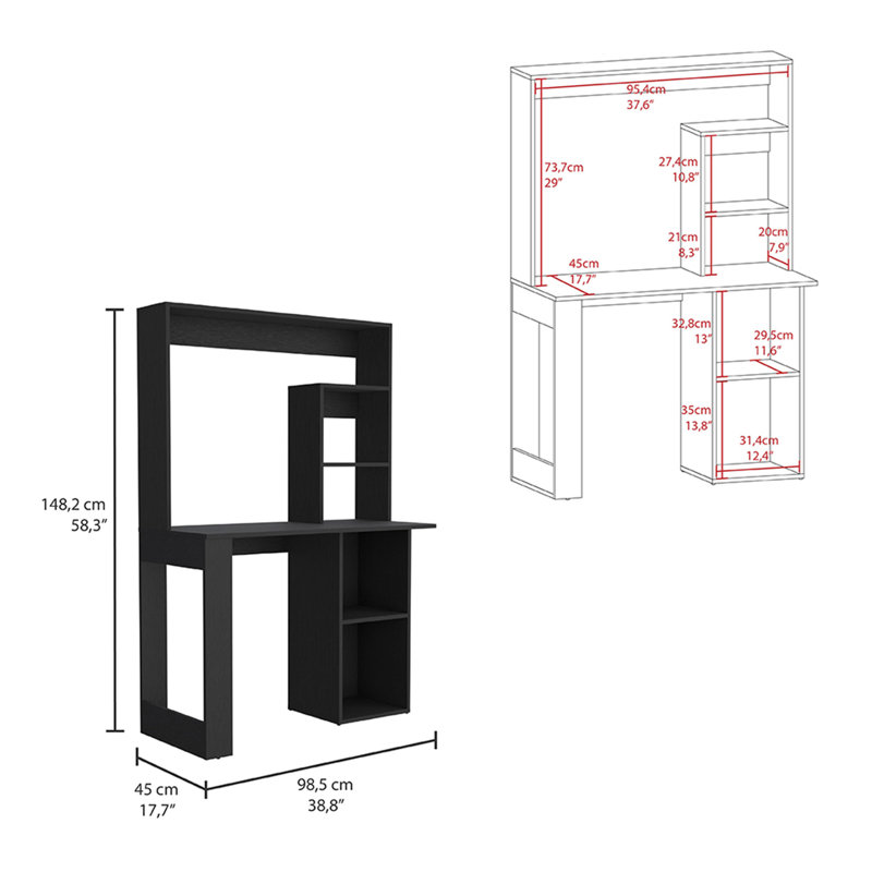Maine Desk With Hutch and  Shelves, Black
