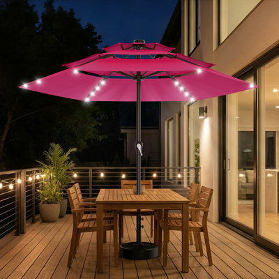 9ft All-Steel Solar LED 3-Tier Patio Umbrella with Crank Lift System & 6 Sturdy Ribs Waterproof, Patio Table Umbrella Perfect for Poolside, Terrace, Beach and Outdoor Restaurant, Pink
