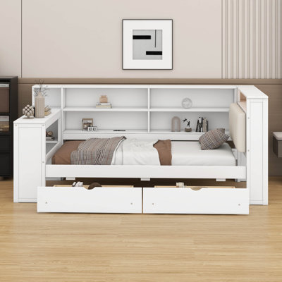 Lit plateforme en bois - tablettes de rangement, tiroirs, station de charge, DEL, bureau et tête de lit tapissier inclus