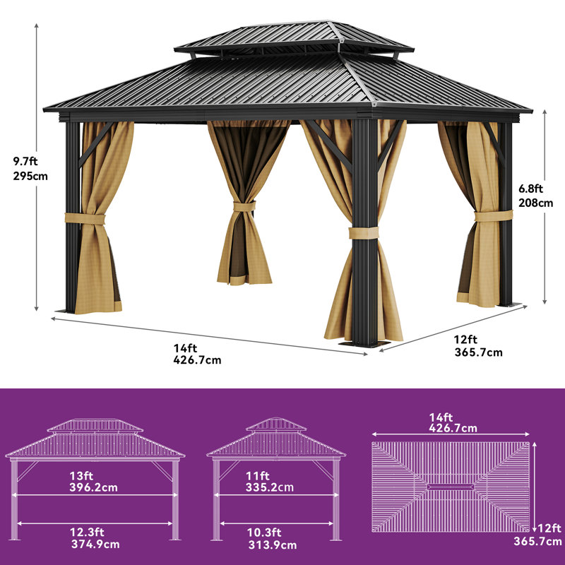 Hardtop Double-Roofed Aluminum Patio Gazebo Multiple Sizes, Brown, 14 ft x 12 ft
