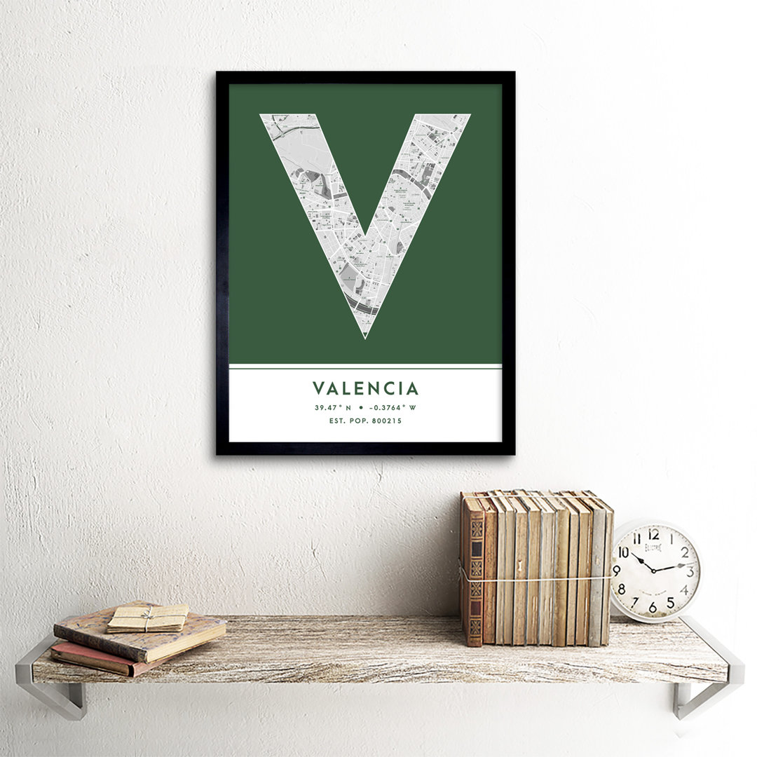 Valencia City Map Valencia Green by Wee Blue Coo - Single Picture Frame Typography