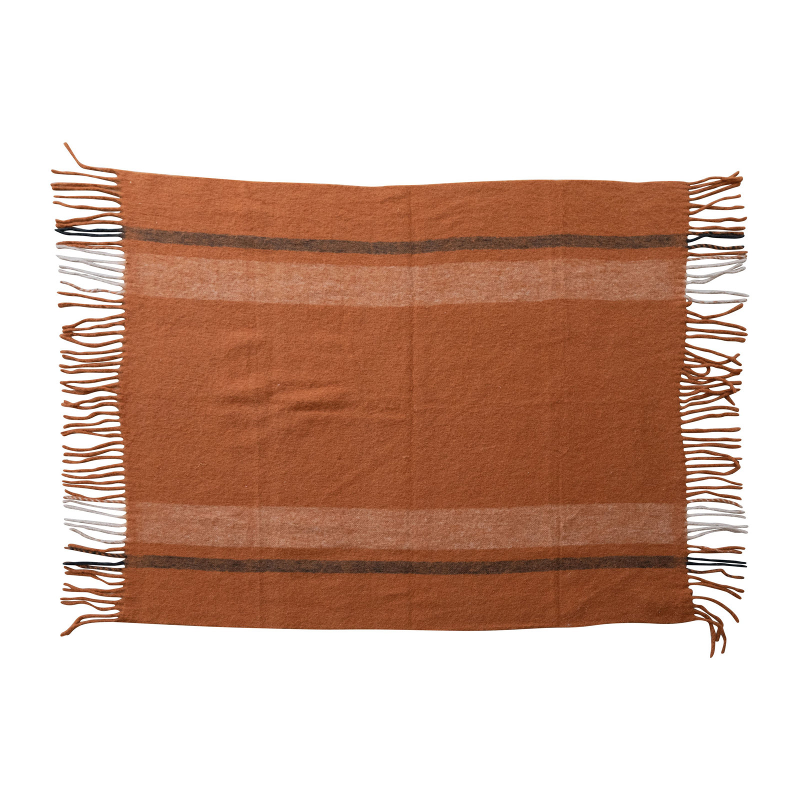 Brushed Acrylic & New Zealand Wool Throw Blanket with Stripes & Fringe