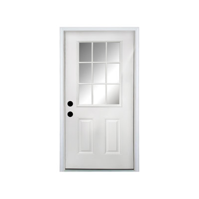 Porte d'entrée en fibre de verre 36 po x 80 po avec moulure de brique, cadre en vinyle 4-9 / 16 po, porte en verre à faible émissivité à 9 verres à faible émissivité pour l'entrée principale de la maison, ouverture vers la droite, porte à abat-jour en grain de bois de chêne blanc