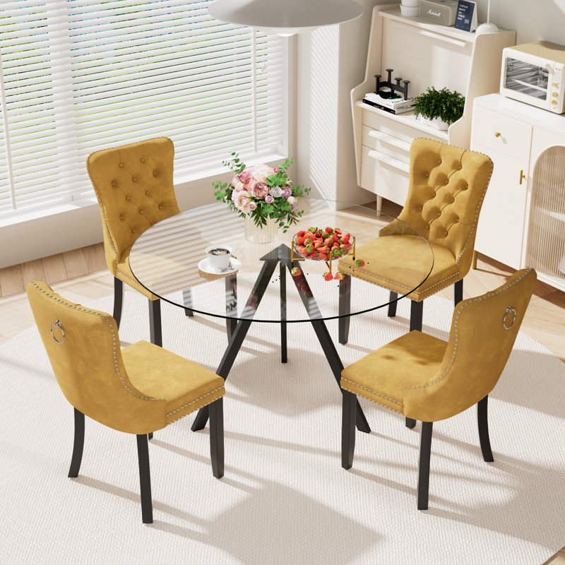 5-Piece Pedestal Dining Set, Yellow, 30" H x 47" W x 47" D