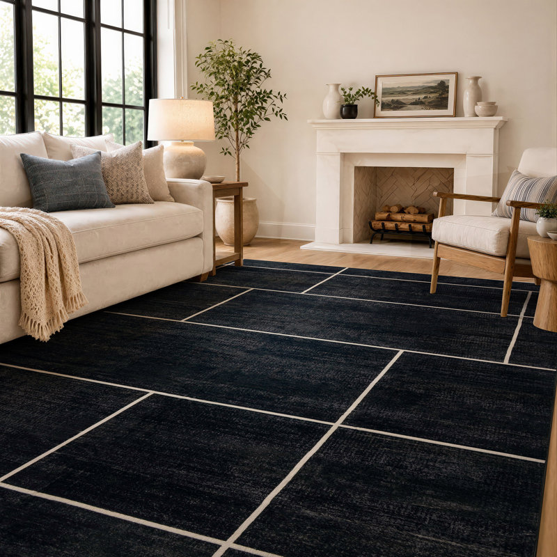 Tapis noir antidérapant Windowpane Grid, 5 pi x 7 pi