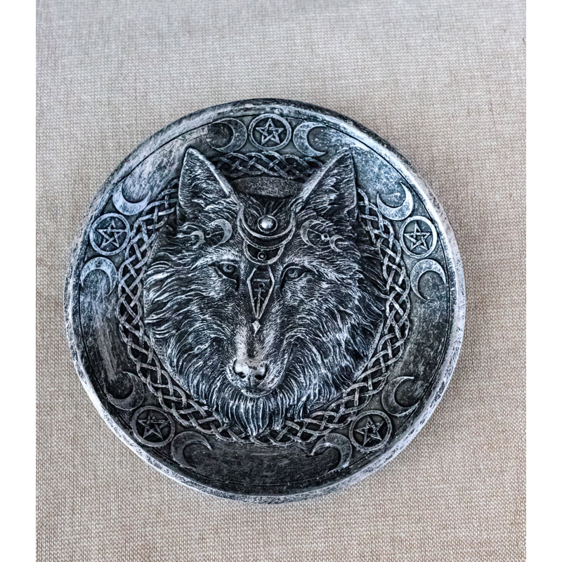 Wolf Incense Burner with Triple Moon & Celtic Knotwork, 5-Inch Round Ash Catcher