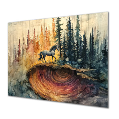 Licornes sur un paysage de forêt cosmique - impression d'art moderne en métal, décoration murale en métal de licornes