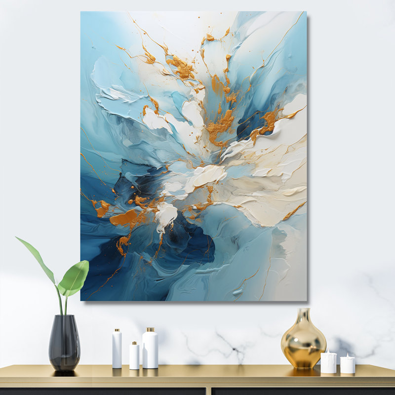 «Blue and Gold Ripple Symphony - Abstract Collages», art mural, Toile tendue, H 32 po x l 16 po x P 1 po