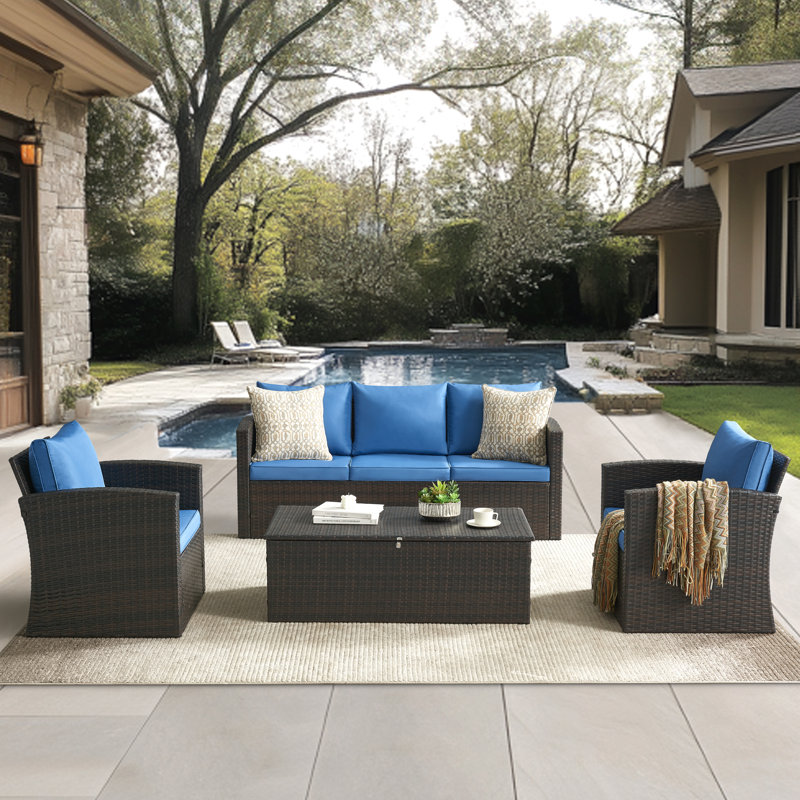 4 - Piece Wicker Outdoor Conversation Set, Blue