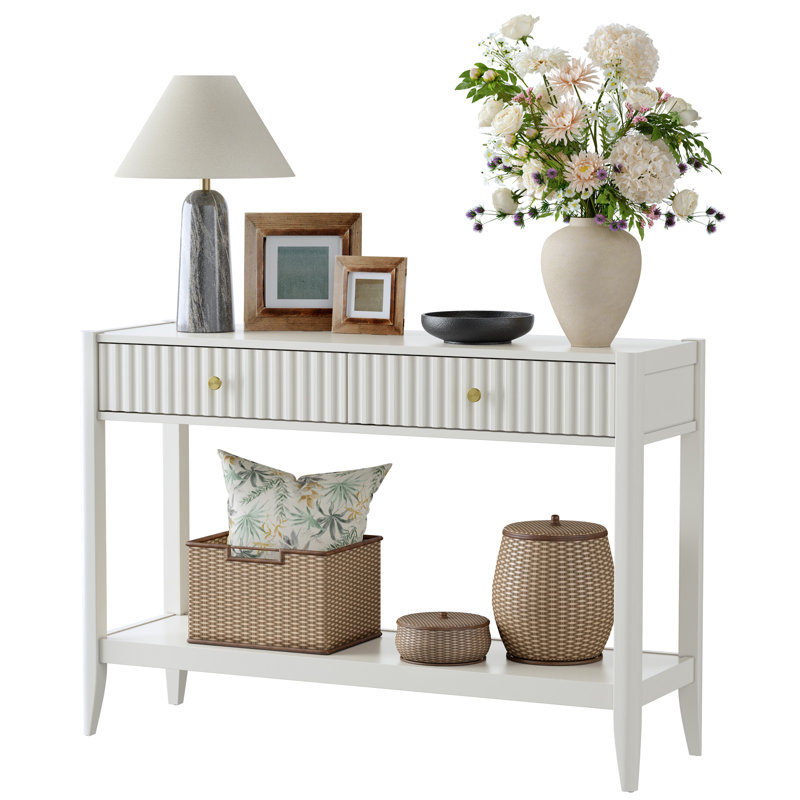 Entryway Console Table With Two Drawers, Mid-century Modern Sofa Table Behind The Couch With Solid Wood Legs, Cream White