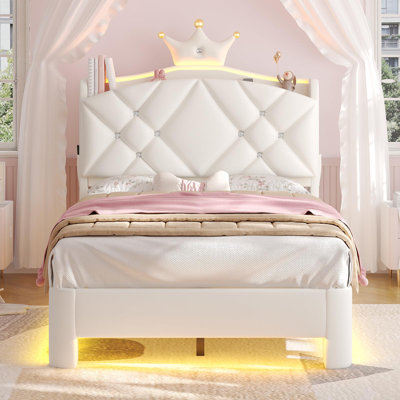 Crown-Style Velvet Upholstered Platform Storage Bed with LED Light Kids Bedroom Furniture