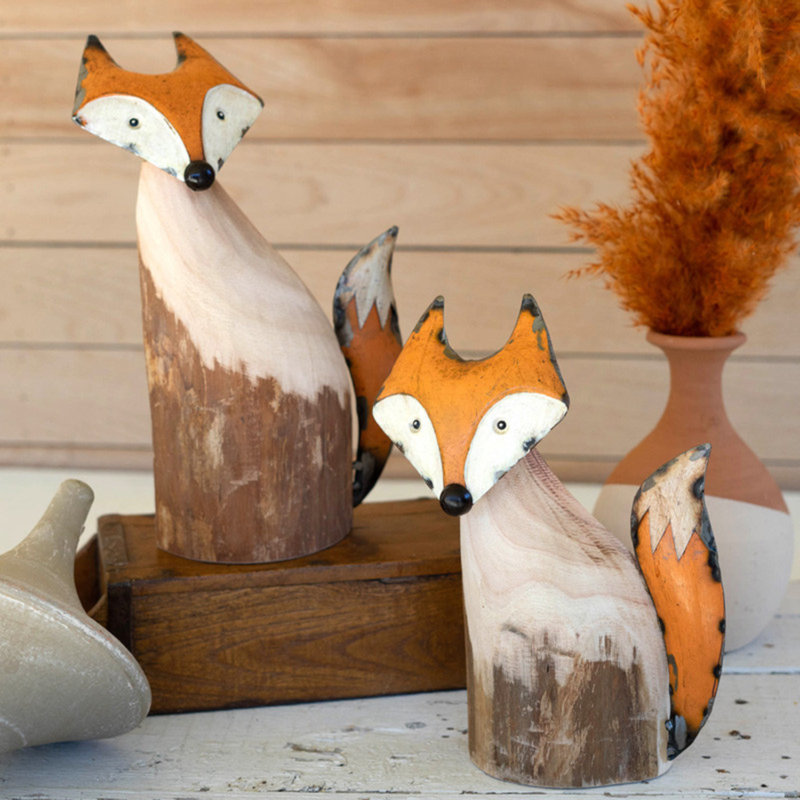  Figurines de renard en fer et bois faites à la main - ensemble de 2 art écologique de 12 po de hauteur