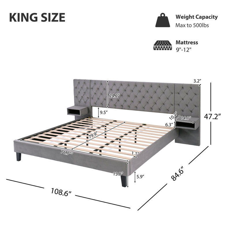 Platform Bed with Headboard, Modern Velvet Upholstered Platform Bed with 2 Nightstands, with diamond tufted, Grey, King