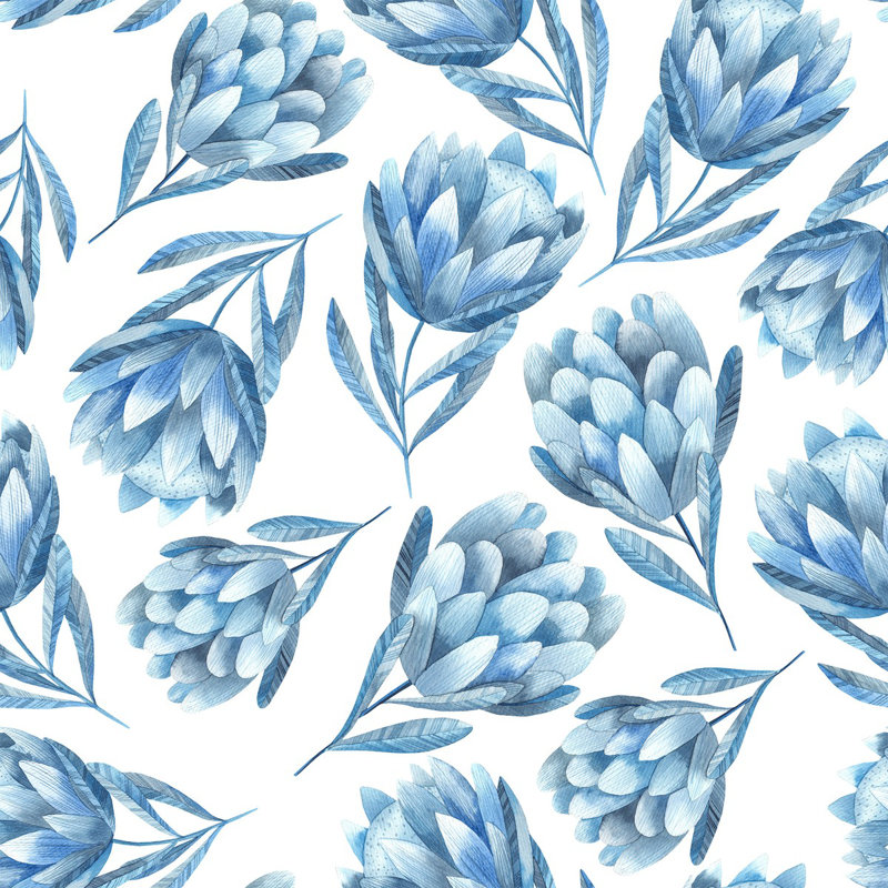 Papier peint bleu Protea, L 124,8 po x l 25 po