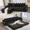 Canapé modulaire en L 110,75 po, canapé modulaire en velours côtelé, avec repose-pieds mobile, porte-gobelets, 8 coussins décoratifs, poche latérale, déplier dans un lit, noir