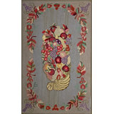 Grey Artistic Floral Still Life Folk Art Design Small Size Vintage American Hooked Rug