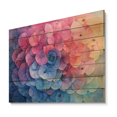 Tourbillon d'hydrangées colorées I - Art mural en bois d'hortensias - sur bois de pin naturel