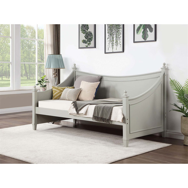 Transitional Twin Daybed with Moulding Design, Finials, and Solid Wood Frame Ready for Mattress., Light Grey