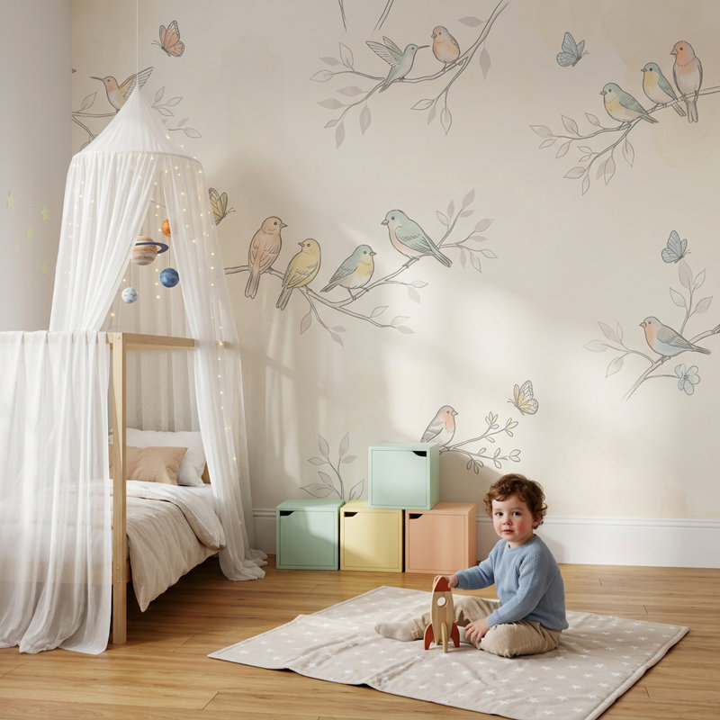 Décoration murale oiseaux, papillons et branches amovibles, 100 po x 96 po, Texturé non collé